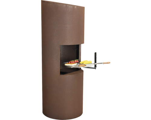 Cheminée barbecue en métal avec aliments grillés