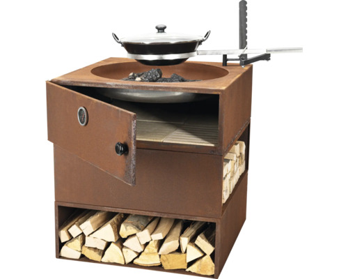 Cheminée barbecue avec rangement pour le bois et zone de cuisson