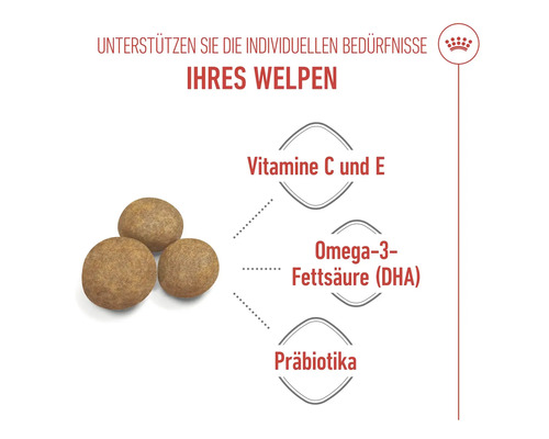 Drei Futterkroketten mit Informationen zu Vitaminen, Omega-3-Fettsäuren und Präbiotika für Welpen