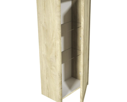 Armoire ouverte en bois avec étagères en verre