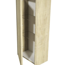 Armoire ouverte en bois avec étagères en verre