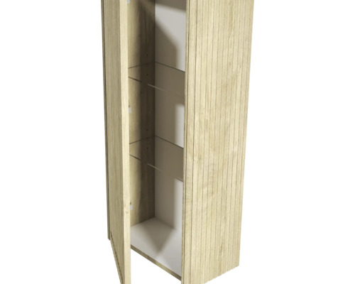 Armoire ouverte en bois avec étagères en verre