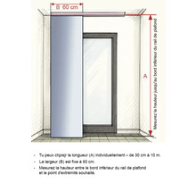 Illustration d'une pièce avec une porte coulissante et des indications de mesure pour le montage
