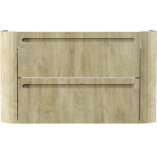 Badunterschrank mit zwei Schubladen in Holzoptik und integrierten Griffmulden.