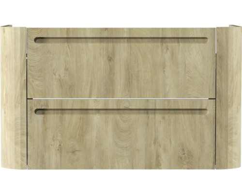 Badunterschrank mit zwei Schubladen in Holzoptik und integrierten Griffmulden.
