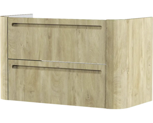 Waschtischunterschrank mit zwei Schubladen in Eiche-Optik und integrierten Griffmulden.