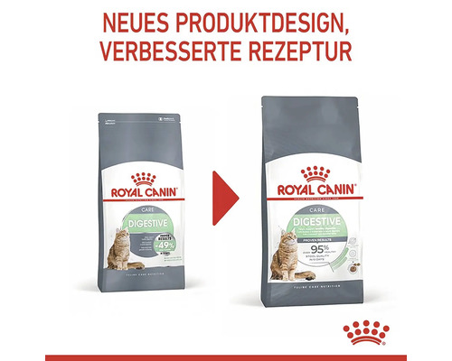 Deux paquets de nourriture pour chats Royal Canin Digestive avec un nouveau design de produit et une recette améliorée