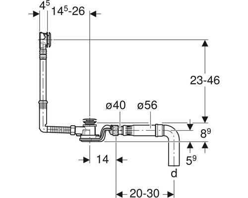 Technische Zeichnung eines Siphon mit Massangaben