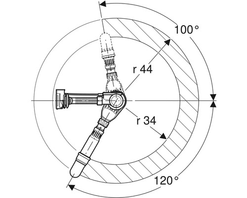 Technische Zeichnung eines Siphons mit Winkelangaben und Radien
