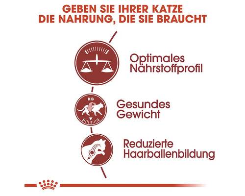 Informationen zu optimalem Nährstoffprofil, gesundem Gewicht und reduzierter Haarballenbildung der Katze.