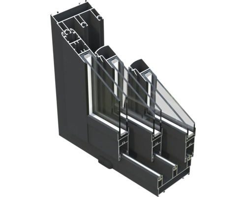 Coupe transversale d'une fenêtre avec triple vitrage et cadre