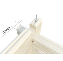 Vue détaillée d'un coin en bois avec une indication de dimension de 70 mm et une vis.