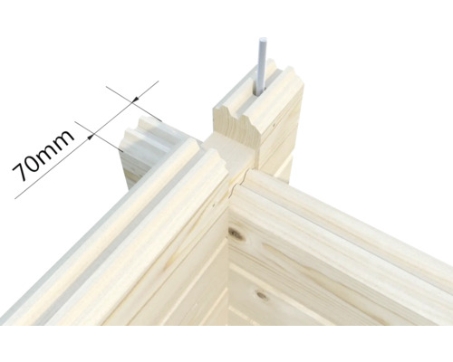 Vue détaillée d'une paroi en madriers d'une épaisseur de 70 millimètres.