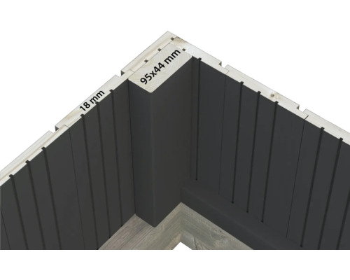 Eckdetail eines Holzhauses mit Maßangaben: 18 mm und 95 x 44 mm.