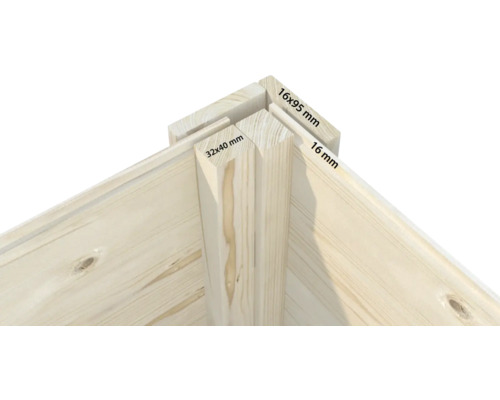 Vue détaillée d'un assemblage d'angle en bois avec les dimensions 16 x 95 millimètres, 32 x 40 millimètres et 16 millimètres.