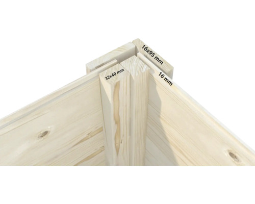 Vue détaillée d'une maison en bois avec les dimensions suivantes : 16 x 95 mm, 16 mm et 32 x 40 mm.