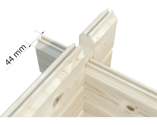 Vue détaillée d'un mur en madriers de 44 millimètres pour une cabane de jardin