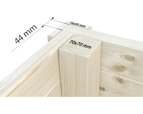 Vue détaillée d'un angle en bois avec les dimensions 44 mm, 19 x 95 mm et 70 x 70 mm