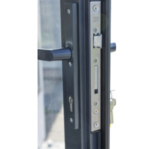 Gros plan sur une garniture de porte avec clé et poignée