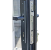 Vue détaillée d'une serrure de porte avec poignée et trou de serrure