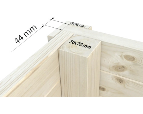 Vue détaillée d'une construction en bois avec les dimensions des poutres et planches en bois.