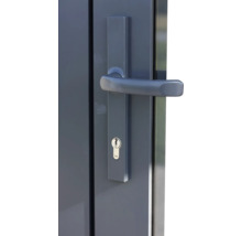 Gros plan d'une porte grise avec poignée et serrure Yale