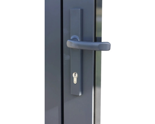 Gros plan d'une porte grise avec poignée et serrure Yale