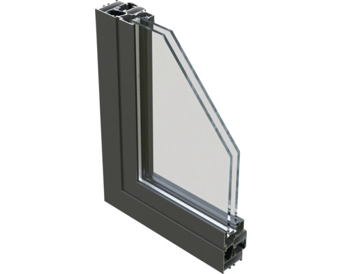 Coupe transversale d'une fenêtre avec cadre en aluminium et double vitrage.