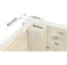 Vue détaillée d'un mur en bois avec indications de dimensions : épaisseur de paroi de 44 mm, 19 x 95 mm et montant d'angle de 70 x 70 mm.