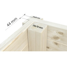 Vue détaillée d'une construction en bois avec indications de dimensions : 44 mm, 19 x 95 mm, 70 x 70 mm