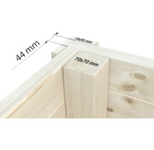 Vue détaillée d'un coin en bois avec indications de dimensions : 44 mm, 19 x 95 mm et 70 x 70 mm.