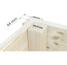 Vue détaillée d'un coin en bois avec les dimensions 44 mm, 19 x 95 mm et 70 x 70 mm