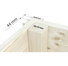 Vue détaillée d'une construction en bois avec indications de dimensions : 44 millimètres, 19 x 95 millimètres et 70 x 70 millimètres