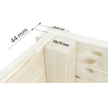 Vue détaillée d'un angle en bois avec des dimensions de 44 millimètres, 19 par 95 millimètres et 70 par 70 millimètres.