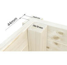 Vue détaillée d'un coin en bois avec les dimensions 44 mm, 19 x 95 mm et 70 x 70 mm.