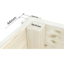 Vue détaillée de la construction en bois avec dimensions : 44 mm, 19 x 95 mm, 70 x 70 mm