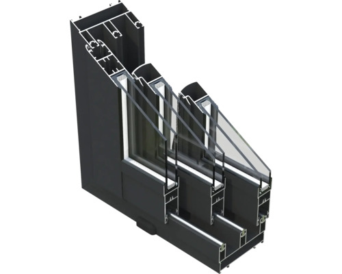 Coupe transversale d'une fenêtre à triple vitrage