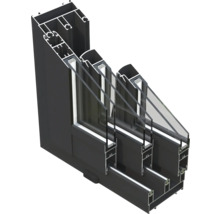 Coupe transversale d'une fenêtre en aluminium noir avec triple vitrage