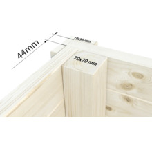 Gros plan d'une maison en bois avec des dimensions de 44 mm, 19 mm sur 95 mm et 70 mm sur 70 mm.