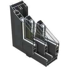 Représentation en coupe d'une fenêtre en aluminium noir avec triple vitrage