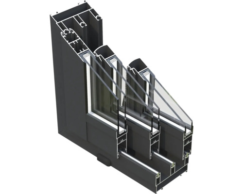 Représentation en coupe d'une fenêtre en aluminium noir avec triple vitrage