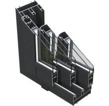 Coupe transversale d'une fenêtre en aluminium avec triple vitrage