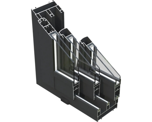 Coupe transversale d'une fenêtre à triple vitrage