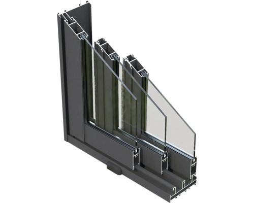 Coupe transversale d'une fenêtre coulissante avec triple vitrage et cadre