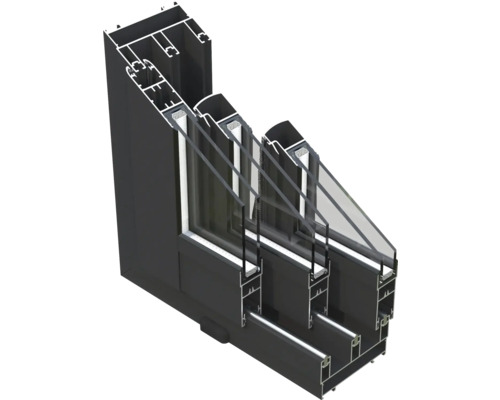 Coupe transversale d'une fenêtre à triple vitrage avec cadre en aluminium