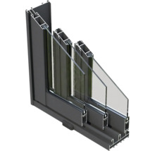 Section transversale d'une fenêtre en aluminium avec triple vitrage