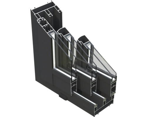 Vue en coupe d'une fenêtre en aluminium avec triple vitrage