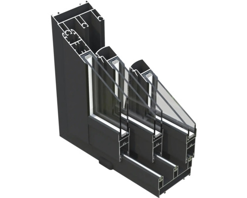 Vue en coupe d'un châssis de fenêtre en aluminium noir avec triple vitrage