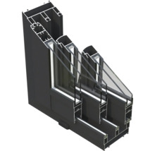 Coupe transversale d'une fenêtre en aluminium noire avec triple vitrage