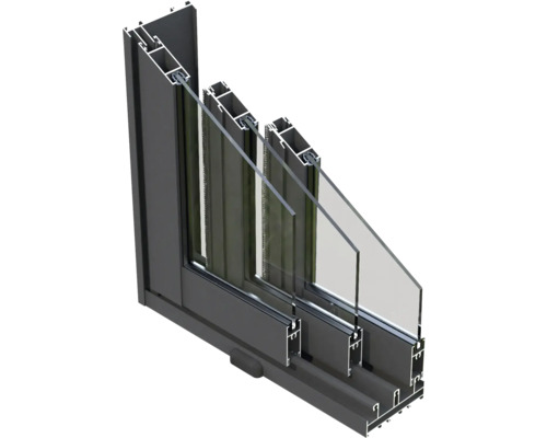 Coupe transversale d'une fenêtre coulissante en aluminium avec triple vitrage